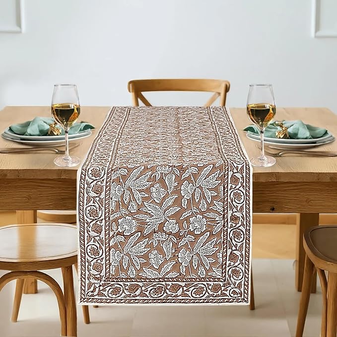 Oak Brown Hand Block Print 100% Cotton Reusable Table Runner 16" X 90" Inches by Ridhi