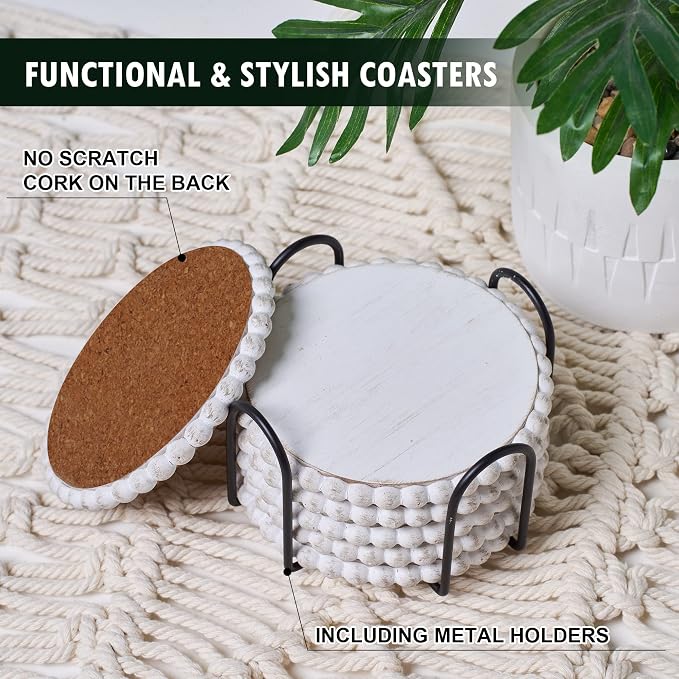 GENMOUS 6 Pack Farmhouse Wooden Bead Coasters - Image 2