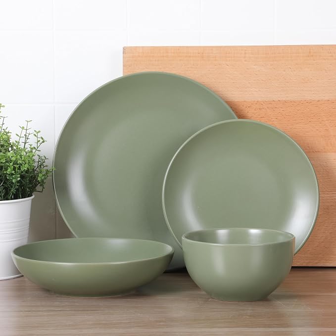 Gibson Home Queenslane 16-Piece Matte Green Stoneware Dinnerware Set – Double - Image 2
