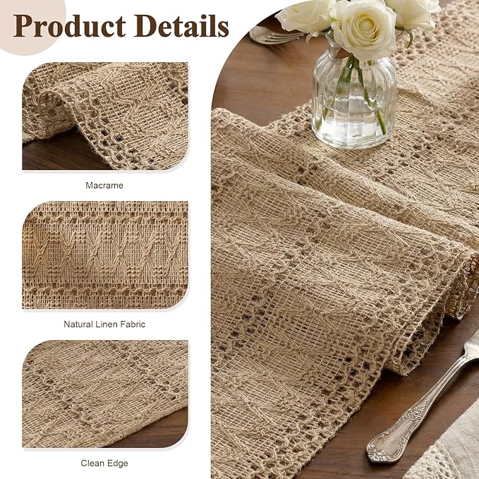 Burlap Boho Table Runner Macrame Brown 48in Farmhouse Woven Runner | Burlap - Image 2