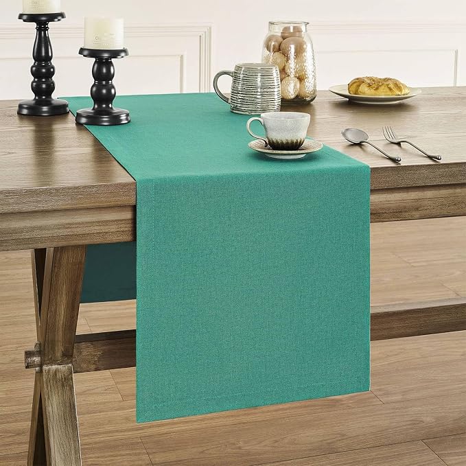 Basic Linen Style Table Runner, 14x60 Inch Teal | Mitered Corner Design by ZEEMARTONLINE