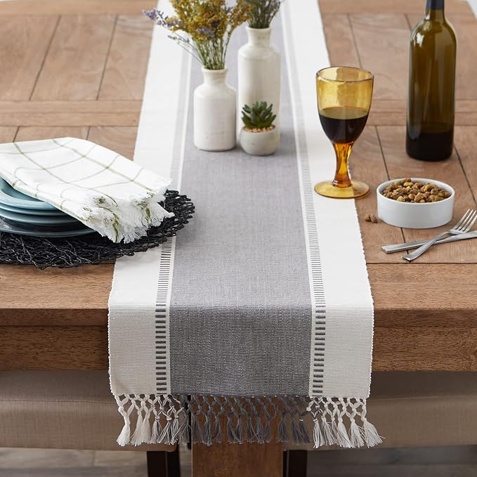 DII Dobby Stripe Table Runner, 13x72 Cool Gray & Cream Background | Woven - Image 6
