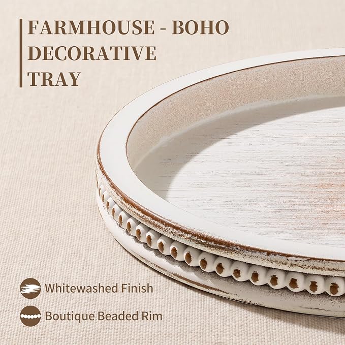 Hanobe Decorative Tray for Coffee Table: 11.8" Round Whitewashed Wood Tray for - Image 3
