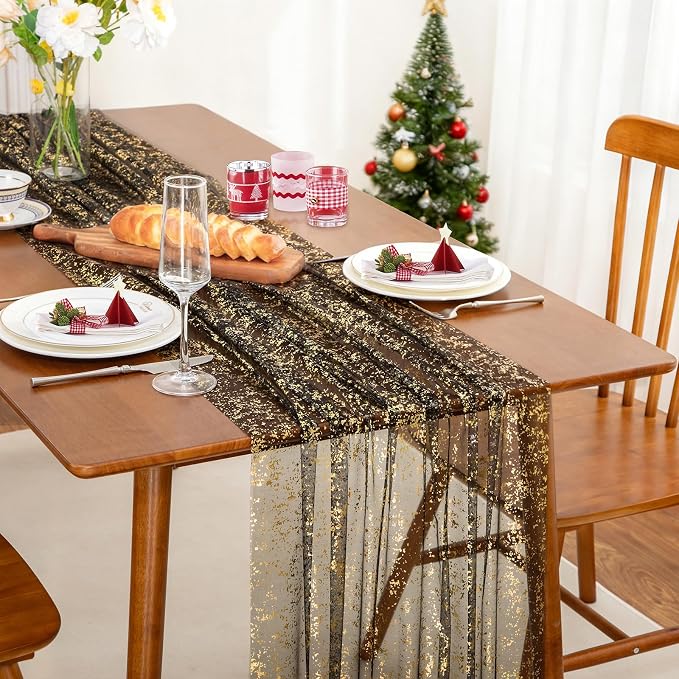 SiinvdaBZX Black Gold Sheer Tulle Table Runner 120 Inch/10 Ft Long | Gauze - Image 2