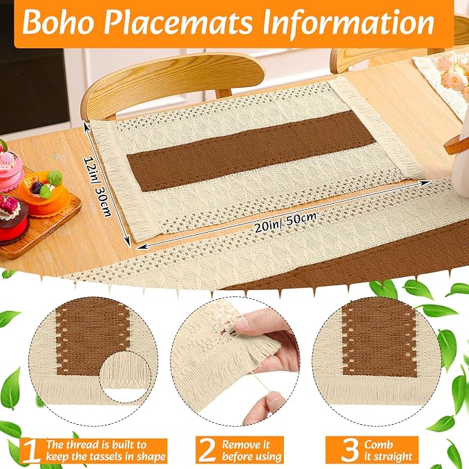 4 Sets Boho Decoration Placemats Round Woven Placemats, Cloth Napkins, Wood - Image 3