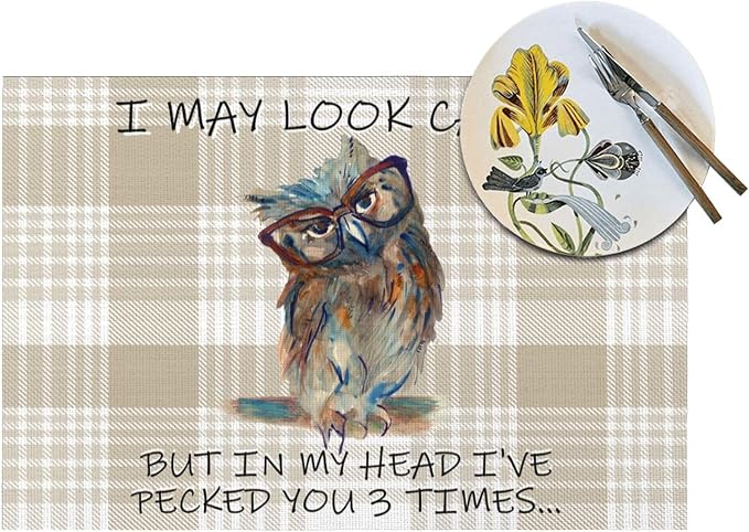 Funny Owl Placemats Set of 4, Cute Buffalo Plaid Table Mats, Heat Resistant - Image 5