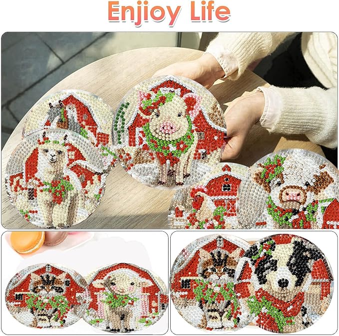 8 Pack Christmas Diamond Art Coasters Kits, 4x4 inch | Christmas Animal Diamond - Image 2