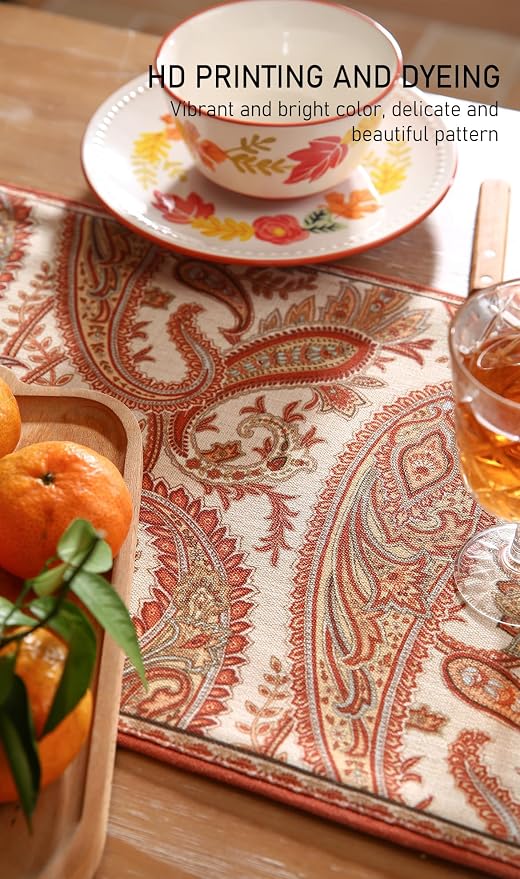 Designer French Linen Extra Long Table Runner, Cashew Pattern, Dining Table - Image 4