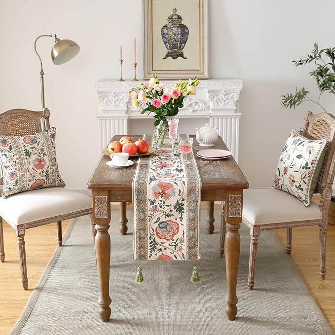 Designer Vintage Linen Long Table Runner, Floral Pattern, Dining Table - Image 9