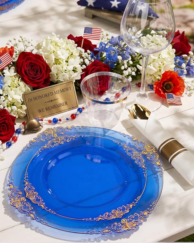 Nervure 350Pcs Blue Plastic Plates, Disposable Dinnerware Set - Image 2