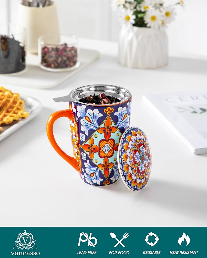 vancasso Ceramic Tea Mug with Infuser and Lid, 18 Ounce Bohemian Loose Leaf Cup - Image 3
