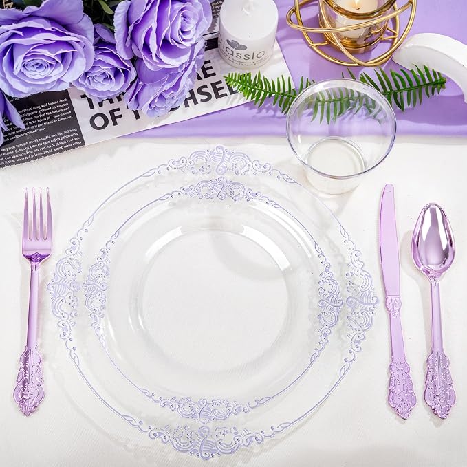 175 Pcs Clear Purple Plates for Party | Party Plates Set for 25 Guests - Image 3