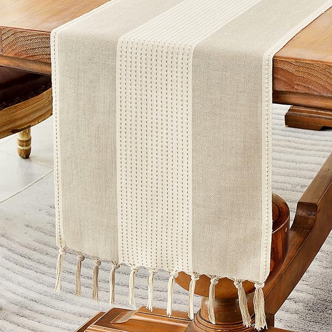 Wracra Linen Table Runner, Stripe Table Runners 48 Inches Long Light Coffee | by Wracra