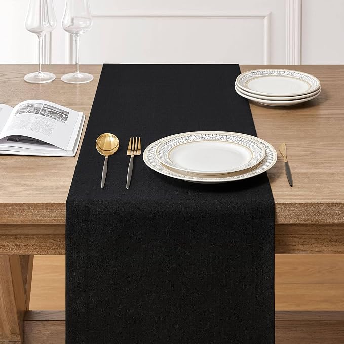 Linen Textured Border Table Runner, 14 x 36 Inch Black | Mitered Corner Design - Image 3