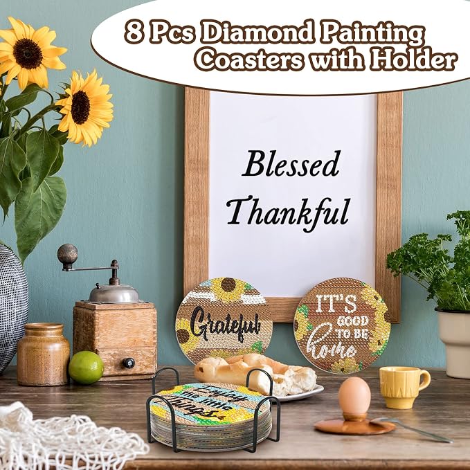 Sunnyray 8 Pcs Sunflower Diamond Painting Coasters Diamond Art Coasters - Image 6