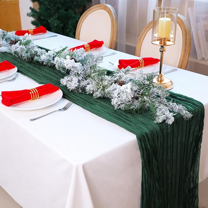 Snowkingdom 6 PCS Emerald Green Table Runner 120 Inch 10 Ft Rustic Boho Dark - Image 6