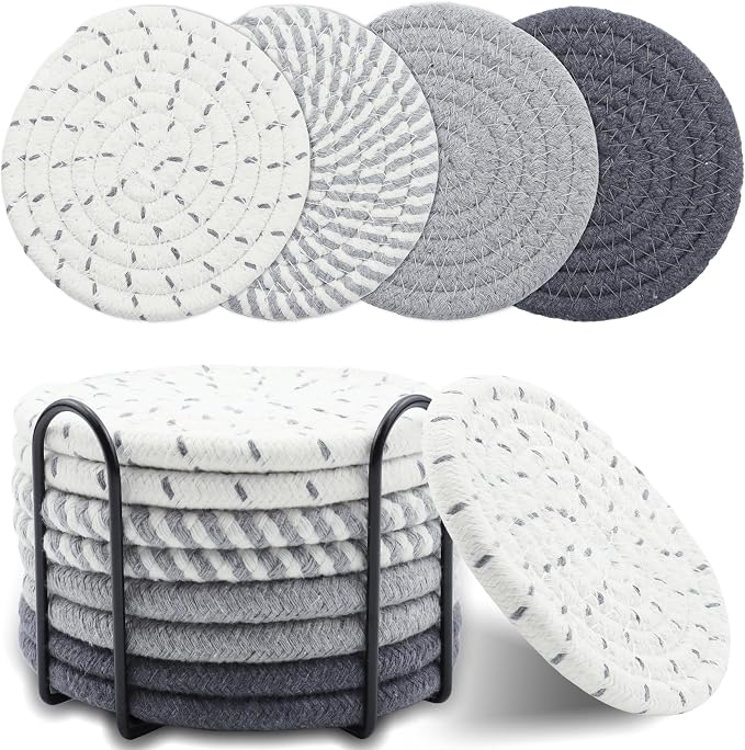 8 Pcs Drink Coasters with Holder, Minimalist Cotton Woven Coaster Set, 4 Colors by Unknown
