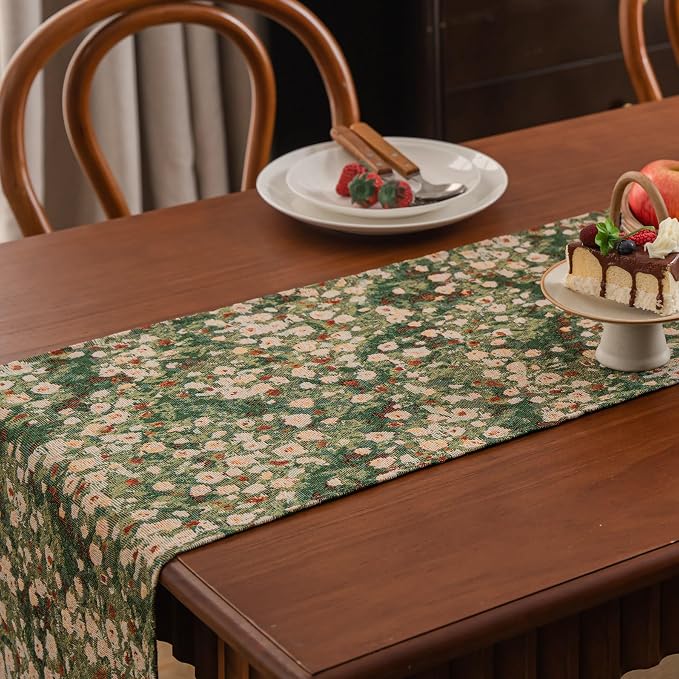 Ditsy Floral Table Runner Daisy Green 13 x 94 Inch | Jacquard Weave Pattern - Image 4