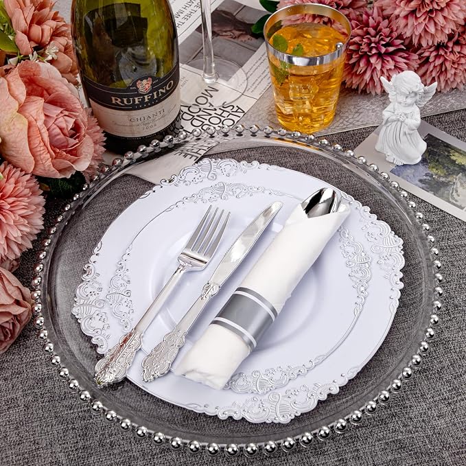 210 Pcs White Silver Plates for Party | White Party Plates Set for 30 Guests - Image 7