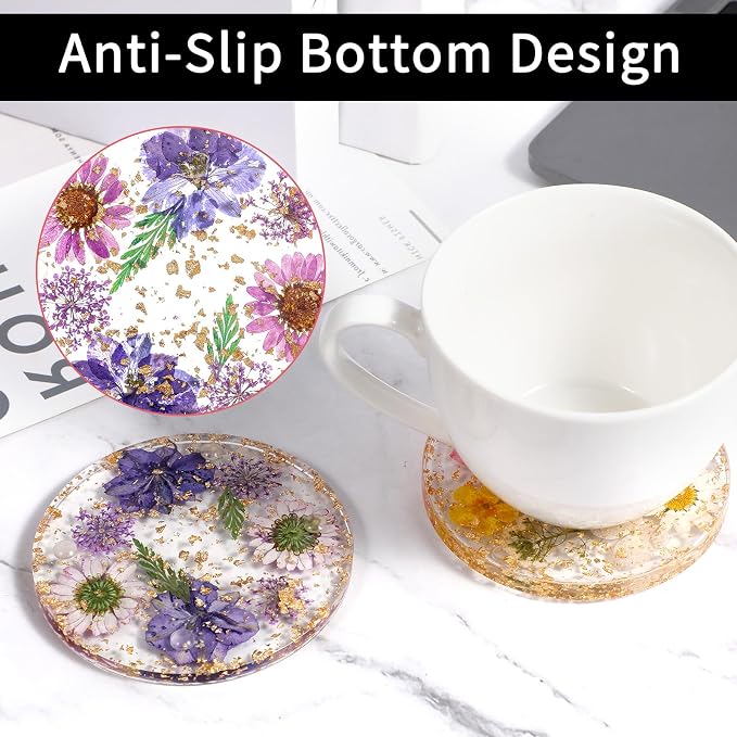 2pcs Dried Flower Drink Coasters, Flower Resin Drink Cup Mat Reusable Floral - Image 3