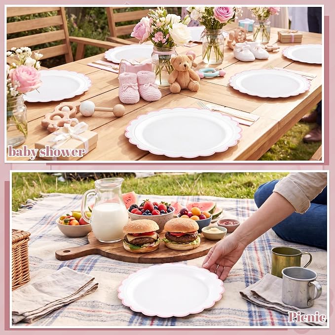 NatNarr 30 Pk Pink Paper Plates 9" Scalloped Pink White Party Plates | Cute - Image 5