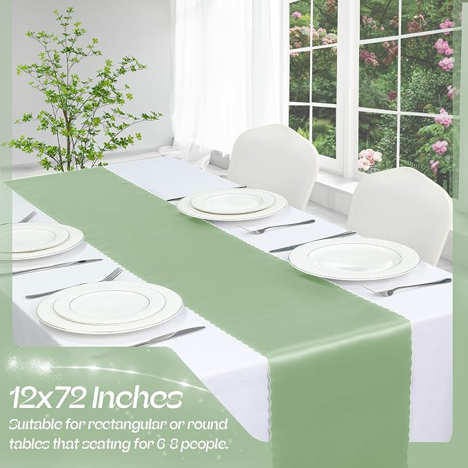 VACVELT Sage Green Satin Table Runners, 12x72 Inch, 2 Pack, Scalloped Edge | - Image 3