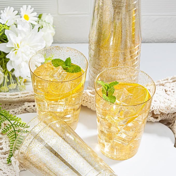 I00000 50 Pack 12 oz Gold Glitter Plastic Cups, Disposable Plastic Wine Glasses - Image 3