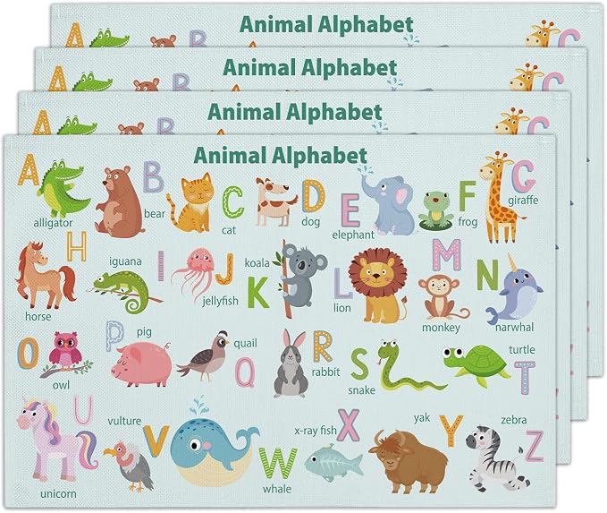 Animal Alphabet Placemats Set of 4, Toddler Placemats by RLCNOT