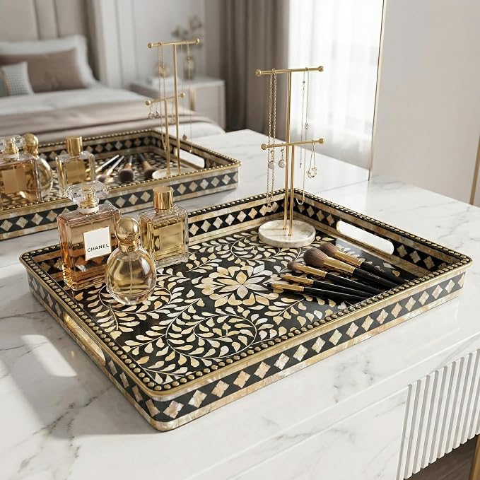 Boho Serving Tray with Handles, 15.7”x11.8” Rectangular Decorative Plastic Tray - Image 4
