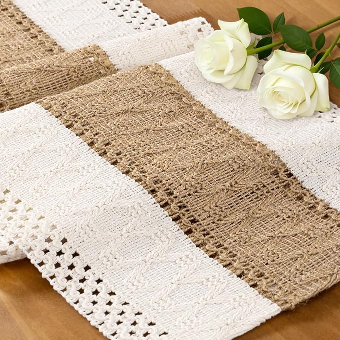 Ivory & Burlap Boho Table Runner Farmhouse Woven Table Runner 12x48 Inch | by MLMC