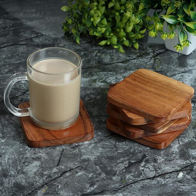 Acacia Wood Coasters with Iron Holder Stand - Image 5
