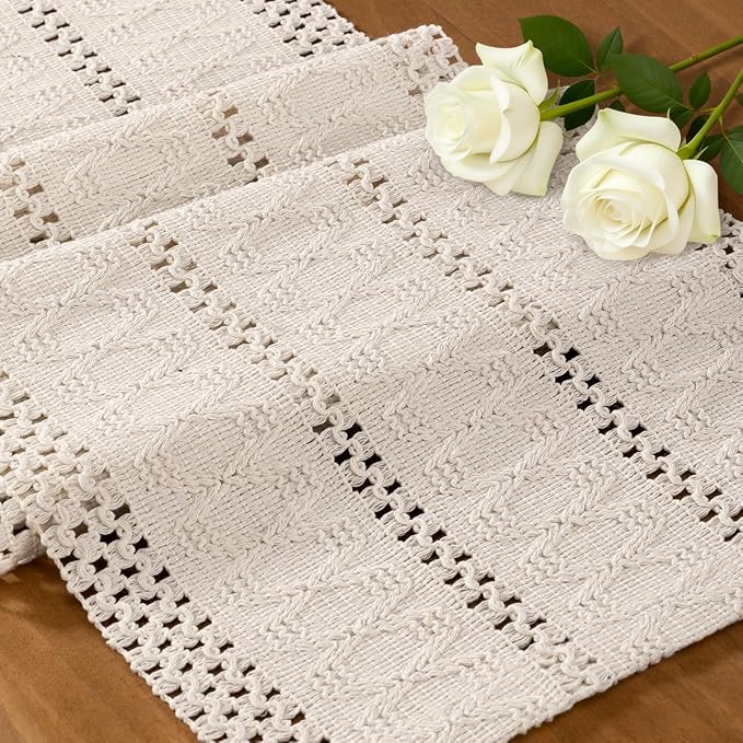 Ivory Boho Table Runner Farmhouse Macrame Woven Table Runner 12x48 Inch | Small by MLMC