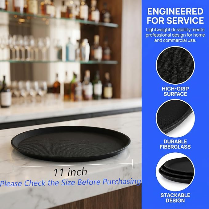 TOPZEA 3 Pack Restaurant Serving Trays, 11 Inch Fiberglass Black Round Tray Non - Image 2