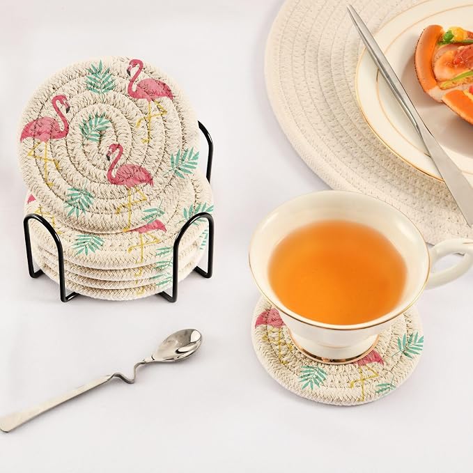 Tropical Flamingos Leaves White Print Coasters - Image 5