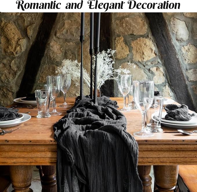 Black 10FT Cheesecloth Table Runner Boho Gauze Fabric Table Runner Rustic Sheer - Image 7