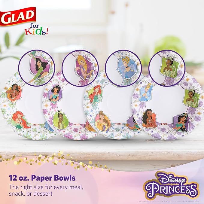 Glad for Kids Disney Princess Kids Disposable Bowls, 12 Oz, 40 Ct | Sturdy - Image 2