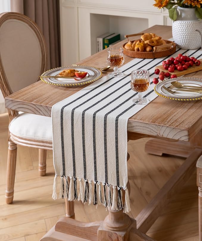 Caflife Boho Table Runner 72 Inchs Long Black and Beige, Cotton and Linen Woven - Image 6
