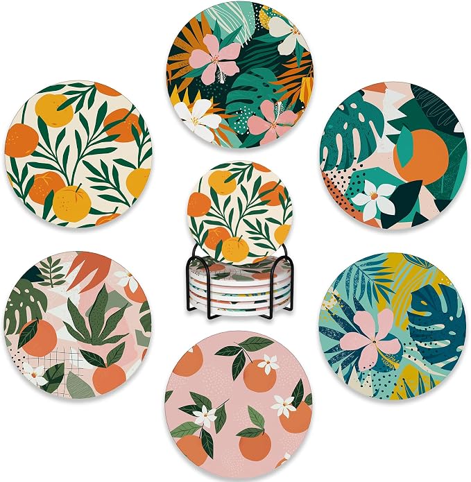 Drink Coasters Set of 6 with Holder, Tropical Palm Leaves Orange Floral by BUYIDUI