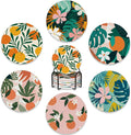 Drink Coasters Set of 6 with Holder, Tropical Palm Leaves Orange Floral by BUYIDUI