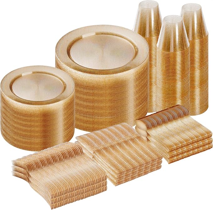 600 Piece Gold Glitter Disposable Plates by GoodLuck