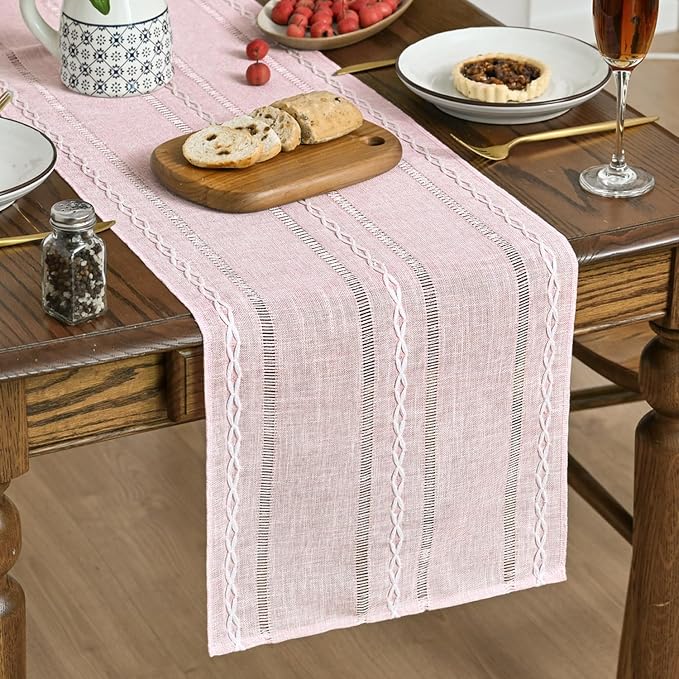 Artoid Mode Pink Rustic Cotton Linen Table Runner, Seasonal Embroidered Hollow by ArtoidMode