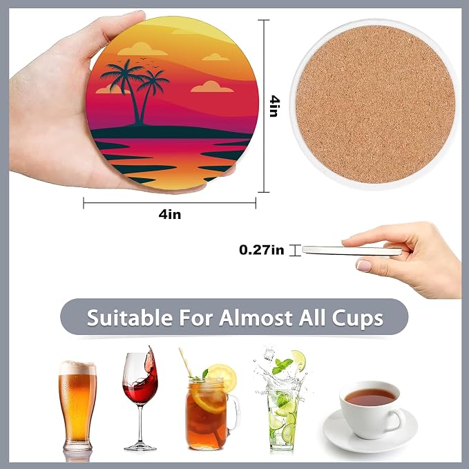 Drink Coasters Set of 6 with Holder, Beach Palm Trees Sunset Landscape - Image 2