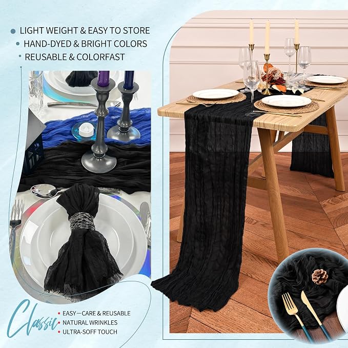 Showgeous 2 Pack Black Cheesecloth Table Runners Boho Wedding Decor | Rustic - Image 5