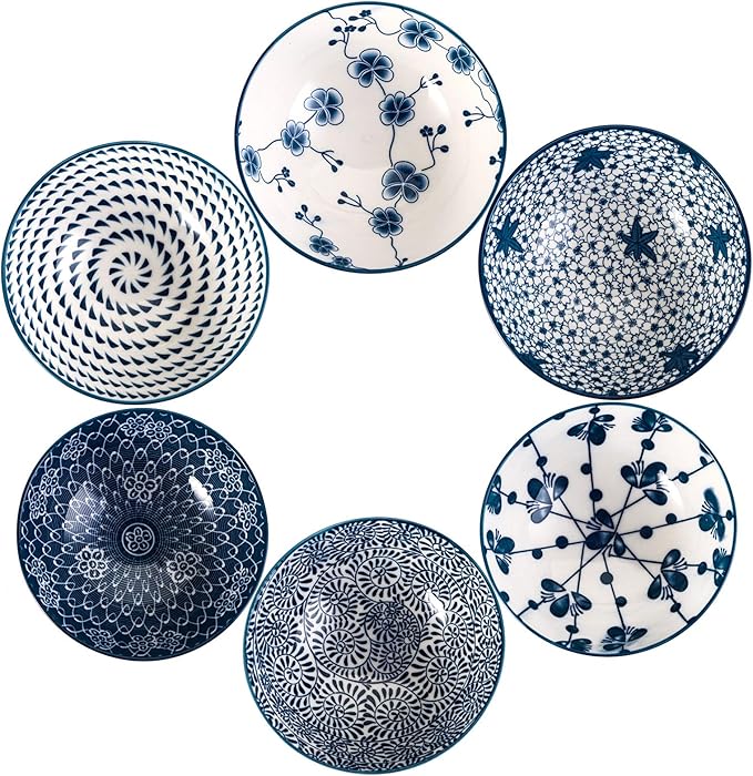 Foraineam 6 Pieces Blue and White Floral Rice Bowl Set 8 oz Japanese Style - Image 2
