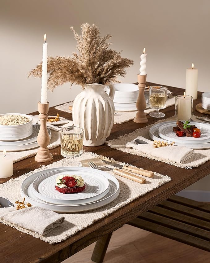 Stoneware Dinnerware Sets for 8, Reactive Glaze Plates and Bowls Set, Chip & - Image 2