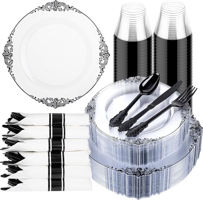 175 Pcs Clear Black Plates for Party | Black Party Plates Set for 25 Guests by Hioasis