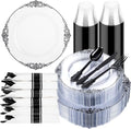175 Pcs Clear Black Plates for Party | Black Party Plates Set for 25 Guests by Hioasis
