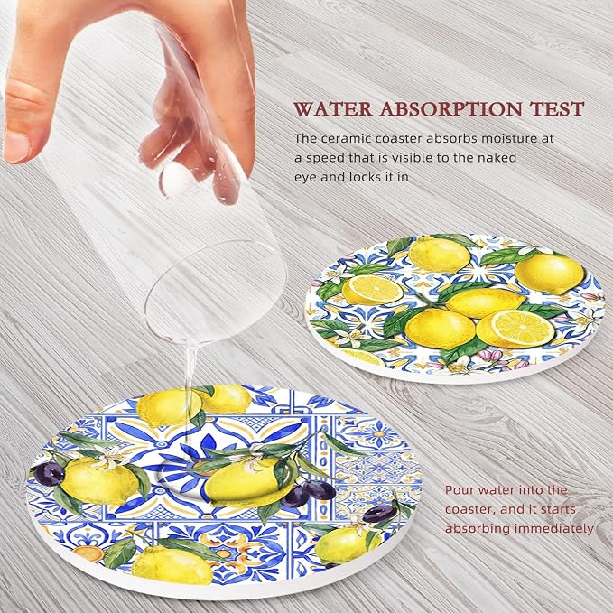 Coasters for Drinks, Ceramic Stone Yellow Blue | Absorbent Round Lemon Fruit - Image 3
