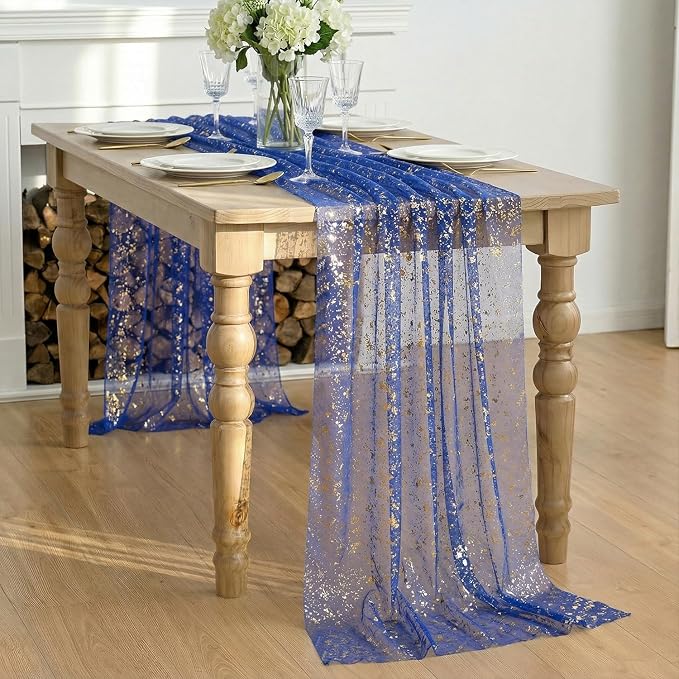 Artoid Mode Blue Gold Gauze Table Runner 59x120 Inch 10FT, Glitter Metallic - Image 6