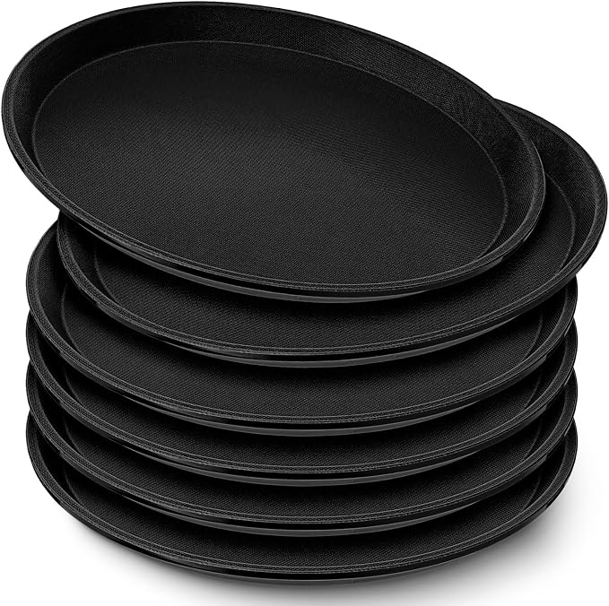 Zopeal 6 Pieces Black Round Restaurant Serving Tray, Plastic Non Slip Surface by Zopeal